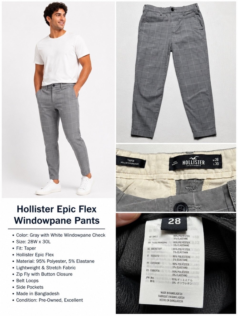 Hollister Epic Flex Men’s Taper Pants 28x30 Gray Windowpane Plaid Stretch